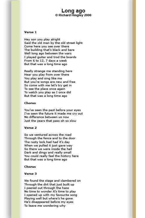song lyrics for Long Ago written by singer songwriter Richard Hingley