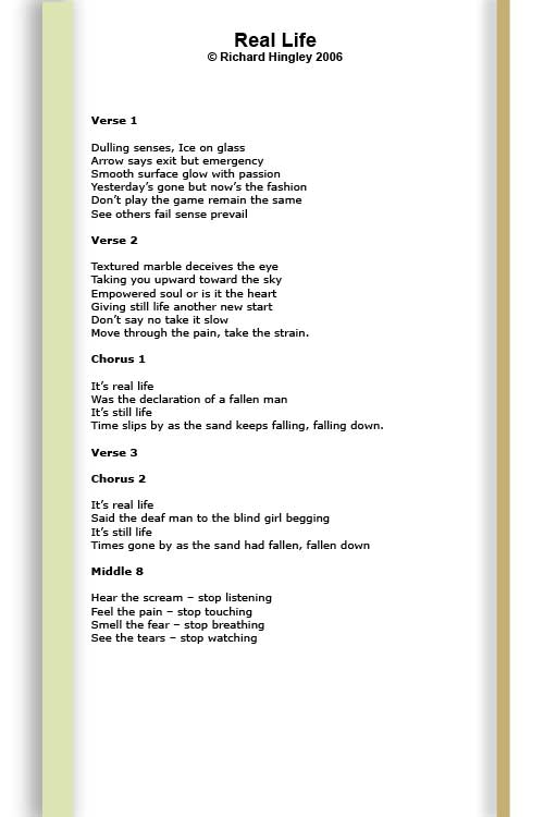 song lyrics for Real Life written by singer songwriter Richard Hingley